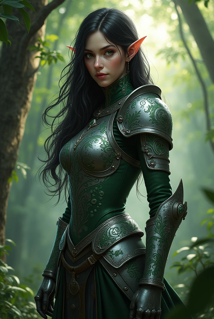 Aria Nightfall is、An 18-year-old elf with a slim, athletic build.、He is a modest 5 feet 8 inches tall.。Her skin is silver in the moonlight、Extends to the middle of the back、It contrasts vividly with her dark, almost black, wavy hair.。Sharp emerald eyes、It seems to capture the essence of the forest she calls home.。she、Adorned in ornate plate mail intricately designed with swirling vines and leaves、Rather than letting it get in the way of her natural elegance,、In fact, it seems to enhance it.。