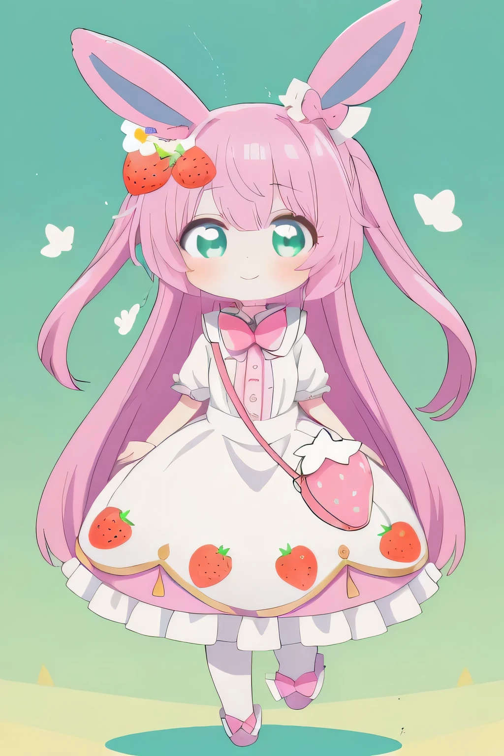 1girl,chibi,full body,green background,blue eyes,with heat-shaped irises,rabbit ears,pink hair,long hair,enjoy,tareme,cute eyes,strawberry pattem,two side up hair