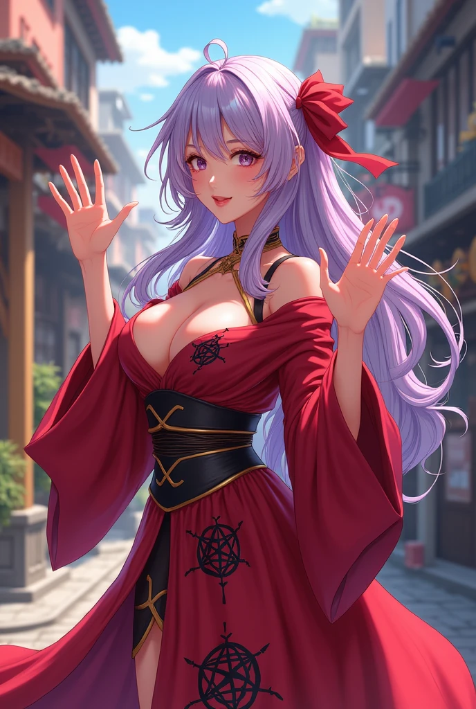 highest quality, 8k, hdr, (head to toe:1.4), Anime, Human woman, hourglass figure, looks twenty years old, very light lavender hair, Gold streaks in hair, Bright red ribbon in hair, waving at the viewer, Magic dancing on her fingers, Standing on an anime style street, fantasy wispy very sexy red mage robes with large black magic symbols on it