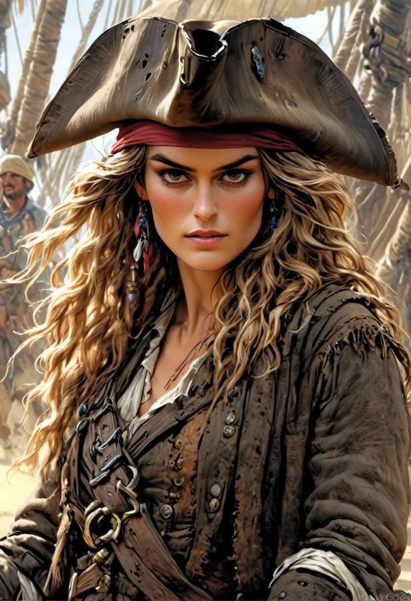 Keira Knightley as Elisabeth Swann from the movie Pirates of the Caribbean, full body shot, highly detailed cinematic illustration, black outlining, full color illustration, vivid colors, white background, in the style of Boris Vallejo & Julie Bell, masterpiece, 8k, ultra-detailed, physically-based rendering, vivid colors, dramatic lighting, intricate background, photorealistic