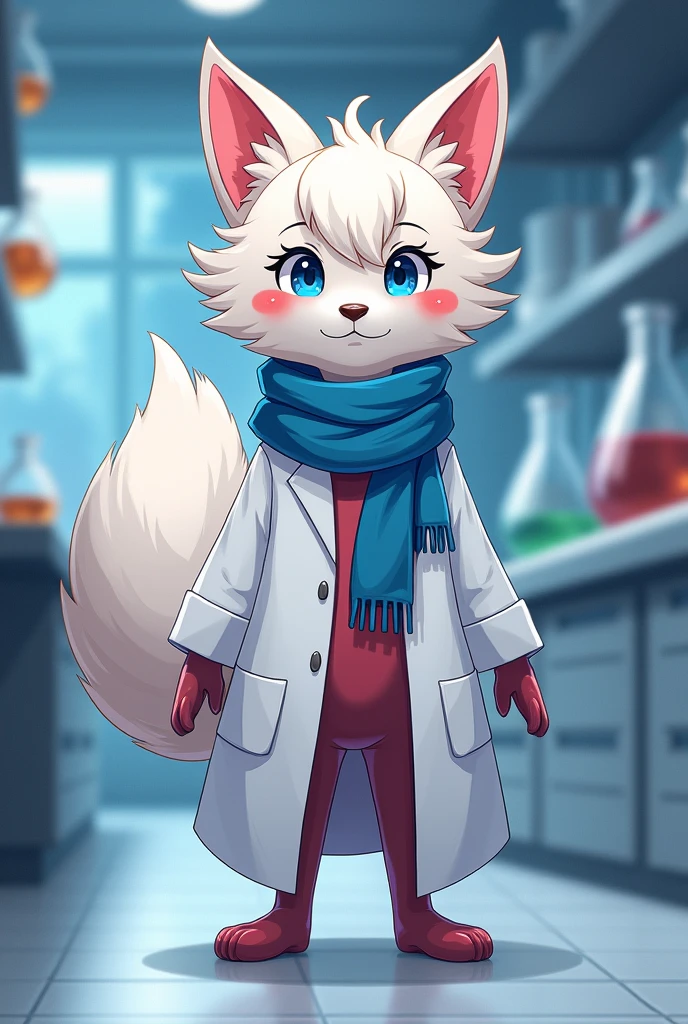 white furry fox girl scientist with long white hair with furry head she is staing on 2 legs check_9,check_8,check_7,check_8_up,check_7_up、Anime character with Arctic Fox ears wearing lab coat and blue scarf,Arctic Fox,Fluffy white and red fur and a blue tail.,,The beauty of the fox in a lab coat, scientist Fox,inside the lab, professional furry drawing