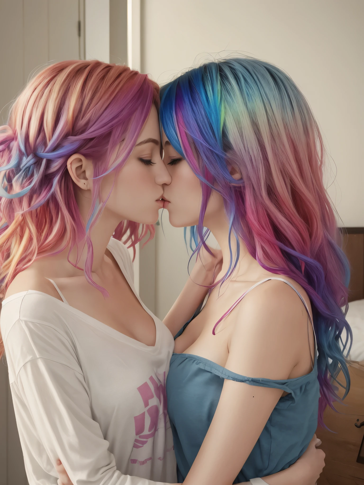 2girls, casual, romantic kiss, indoors, bedhead, rainbow colored hair