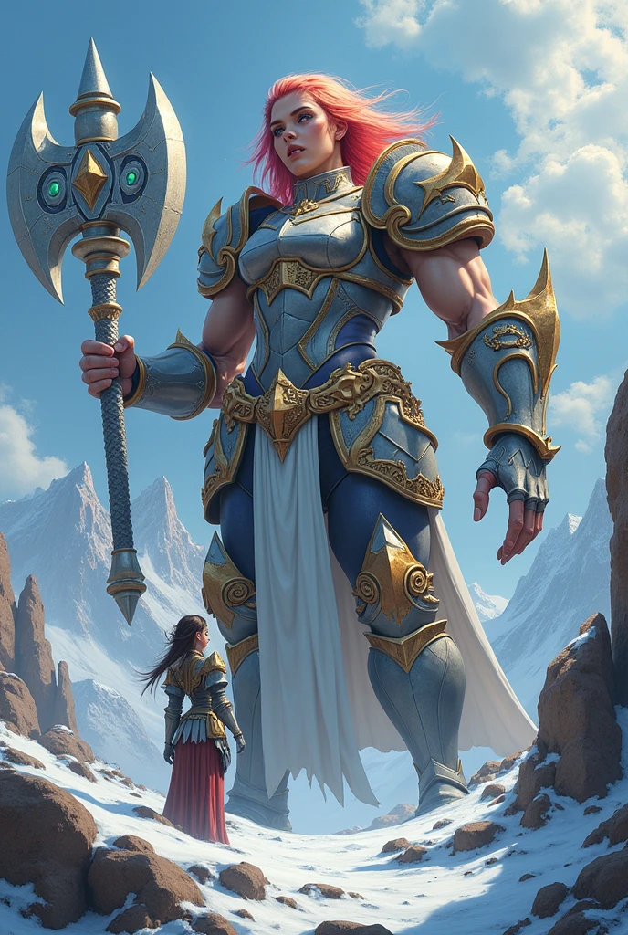 aa fantasy art illustration of a female giant knight armed with a ((mighty battlehammer: 1.5)) standing at the temple gates built on snowy mountain, (((she is as tall as the mountain: 1.3))) a wild beautiful, exotic beautiful giant knight, ((anatomically correct: 1.5), (ultra detailed face: 1.2), best detailed face, dynamic hair color, dynamic hair style, armed with a giant battlehammer, shiny battlehammer, weapon reflects the sunlight, studded with gems, wearing metal armor, dynamic armor color, wearing high heeled boots, standing near a fantasy temple, magnificent temple, with a tower, on snowy mountain (((she is as tall as the mountain:1.3))), vibrant, Hyperrealism style, vibrant, Ultra-high resolution, High Contrast, (masterpiece:1.5), highest quality, Best aesthetics), best details, best quality, highres, ultra wide angle, 16k, [ultra detailed], masterpiece, best quality, (extremely detailed) RAW, rpg portrait battlehammer, NRART