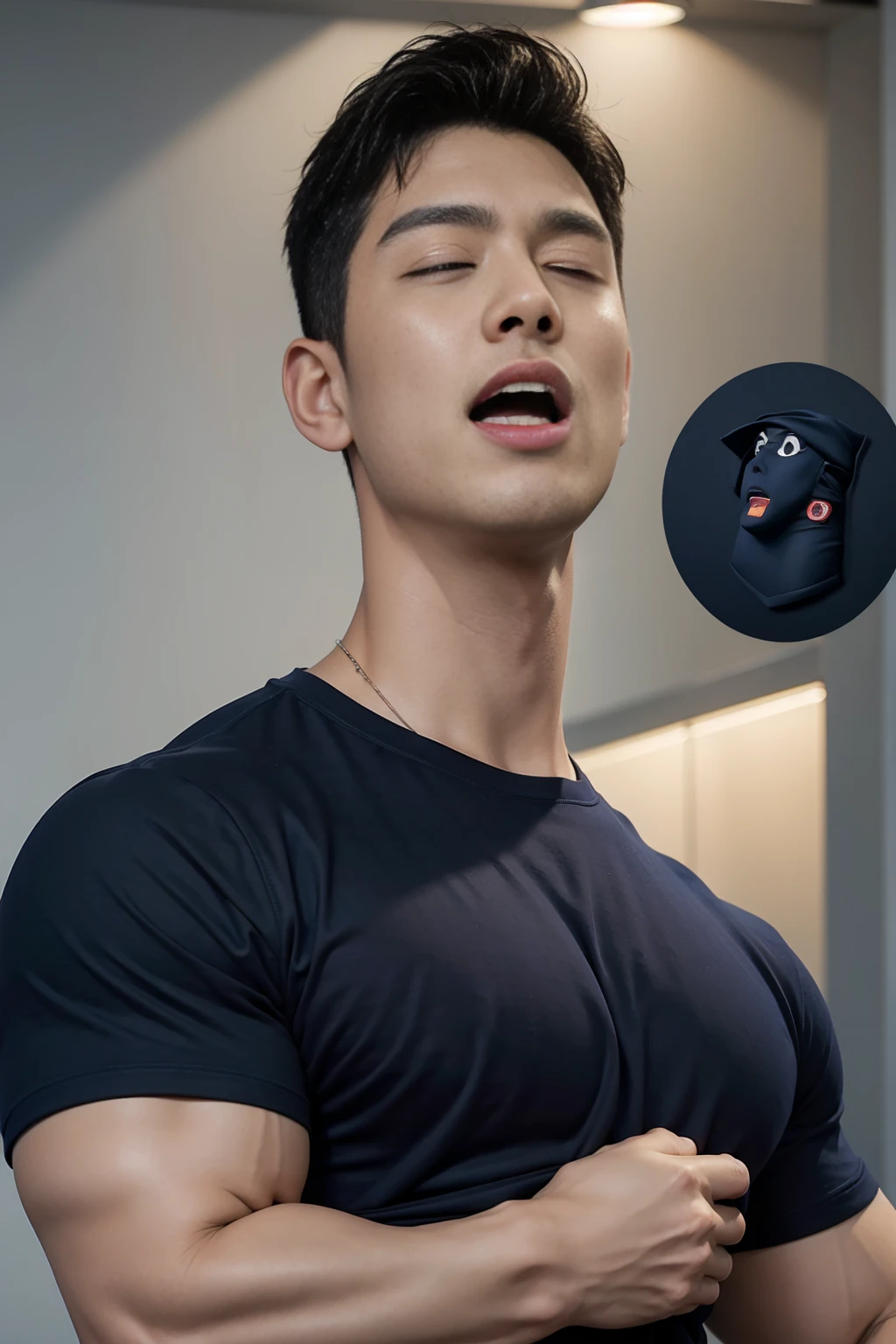 best quality, Ultra high resolution, 32ก,(true to life:1.6),(skin texture:1.6),(shirtless:2),Masterpiece,now,(bathroom:1.2),((underarm)),Kneel down on both legs.,muscle,(of one man:1.9),((18 years old:1.5)),(short hair with details:2),handsome,Big eyes,high nose,sexy lips , whole body,(white skin:2),(masculine characteristics:2.5),Convex crotch,gag,sexual arousal,gender expression,Raise your arms slightly.