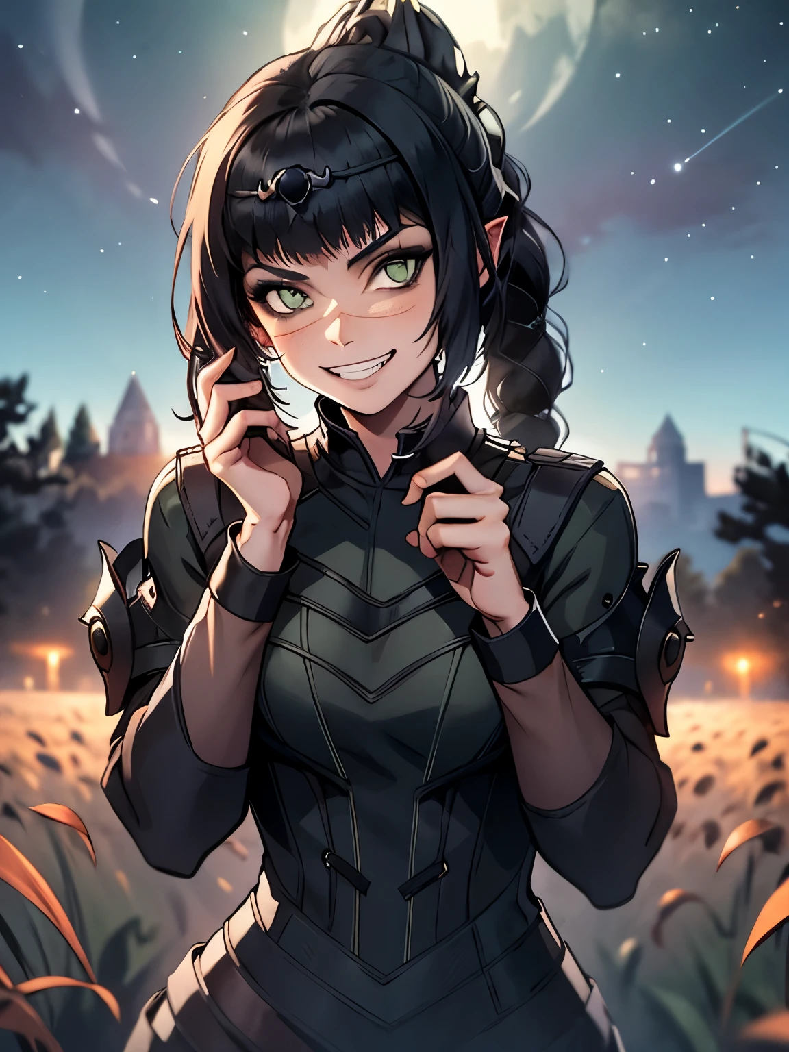 masterpiece, best quality, 1girl, shadowheart, green eyes,  field background, night sky, grin