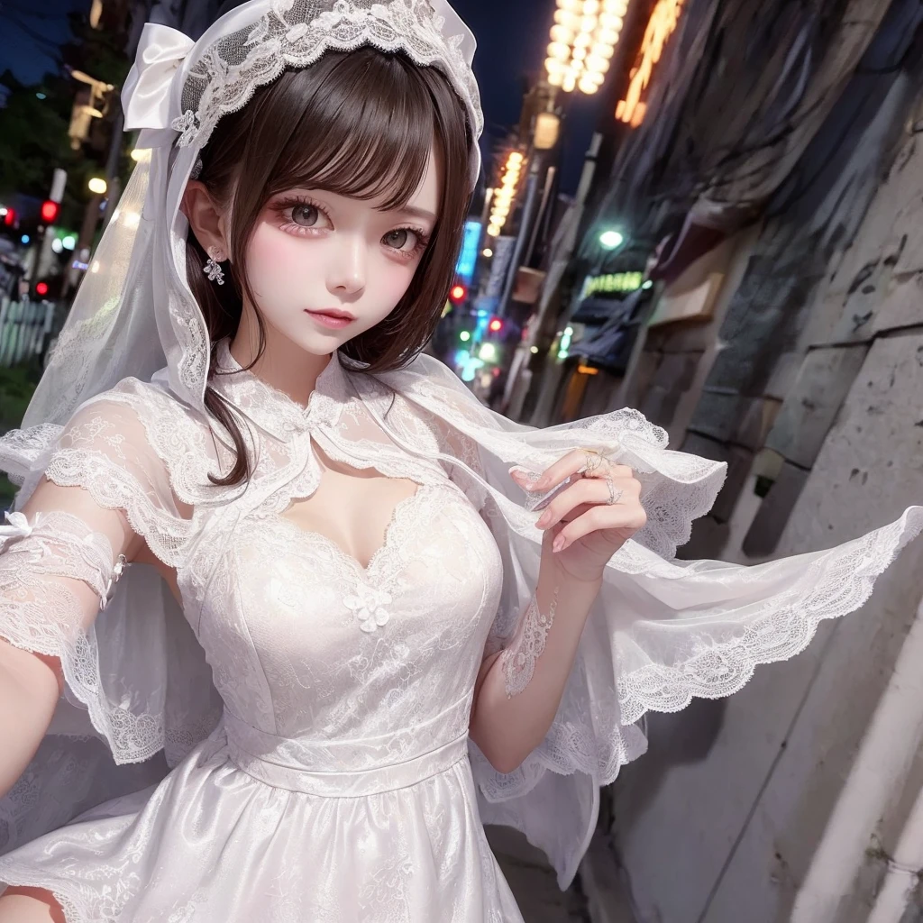bikini lace dress,nurse uniform,lace wedding dress,Lace cape,The street lights are beautiful at night, eating ice cream.