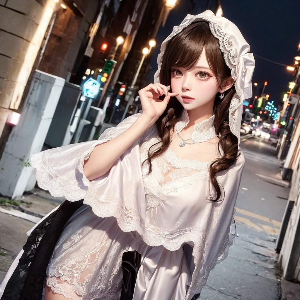 bikini lace dress,nurse uniform,lace wedding dress,Lace cape,The street lights are beautiful at night, eating ice cream.