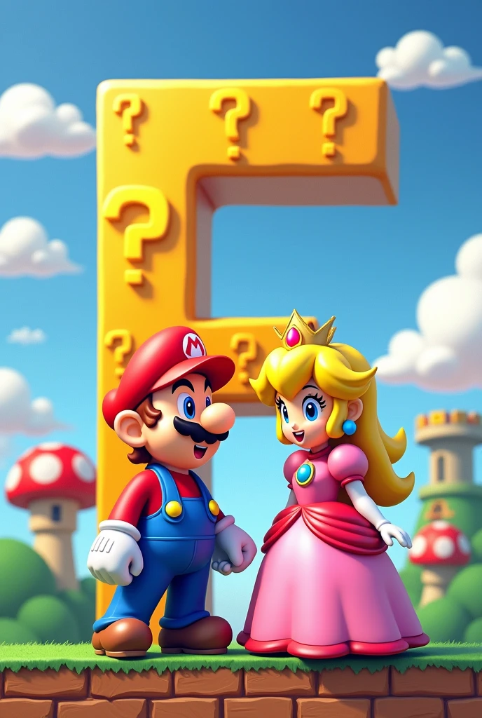 Mario and Peach characters with the letter F in the background, mario bross world in the background