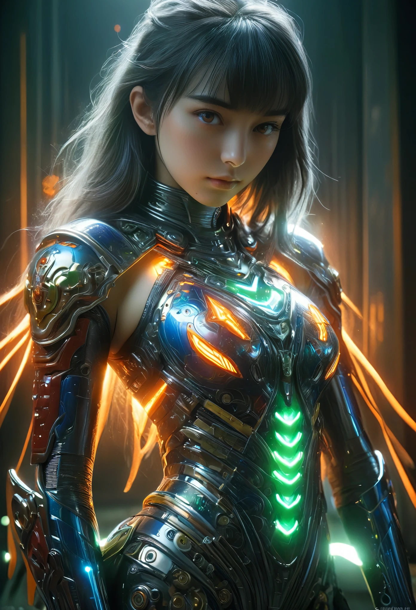 (Best Quality, 4K, 8K, High Resolution, Masterpiece: 1.2), (Super Detailed, Realistic, Photorealistic:1.37), A woman in futuristic clothing, Trending on cgstation, Trending on cgstation, (Portrait of a girl in the Knights of the Zodiac:1.4), blunt bangs, Cute Cyborg Girl, Perfect android girl, Portrait Astronaut Girl, Beautiful girl cyborg, (Girl wearing iridescent red and blue and orange and green and white mechanical cyber armor:1.3), Game CG, cgsociety and fenghua zhong, Beautiful Cyborg Shrine Maiden, Bioluminescence, (Yua Yaiba:0.5), (Golden eyes:1.5), Anatomically correct grip, (Sharp and long claws:1.4), erotic and sexy, black, wearing A gorgeous cape with beautifully detailed embroidery, (beautiful tits, beautiful breasts, beautiful nipples:1.5), (NSFW:1.5)