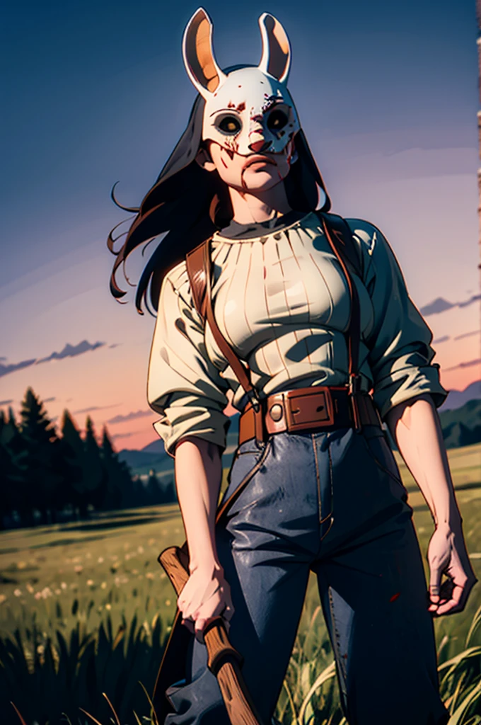 horror, covered in blood, tHuntress, ,mask with ears,black cowl,suspenders, white shirt, pants, tool belt, blue pelvic curtain, orange waistband, dynamic shot, holding weapon, axe, outside, field, house, dusk, twilight sky, high quality, masterpiece, 