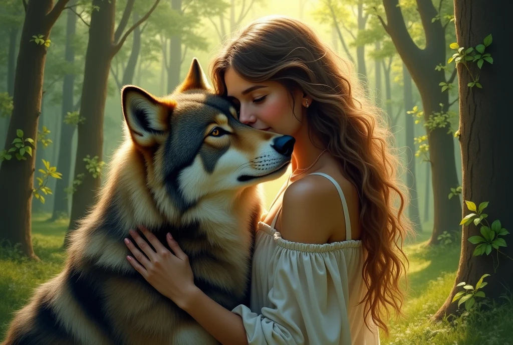 there is a woman hugging a wolf in the woods, by Emma Andijewska, inspired by Elke Vogelsang, dog, aleksandra waliszewska, angiewolf, portrait shot, photo portrait, with wolfs, inspired by Caspar Wolf, wolves and their treasures, by Zofia Stryjenska, realistic art,