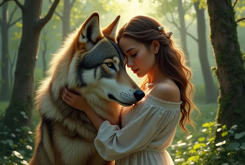 there is a woman hugging a wolf in the woods, by Emma Andijewska, inspired by Elke Vogelsang, dog, aleksandra waliszewska, angiewolf, portrait shot, photo portrait, with wolfs, inspired by Caspar Wolf, wolves and their treasures, by Zofia Stryjenska, realistic art,