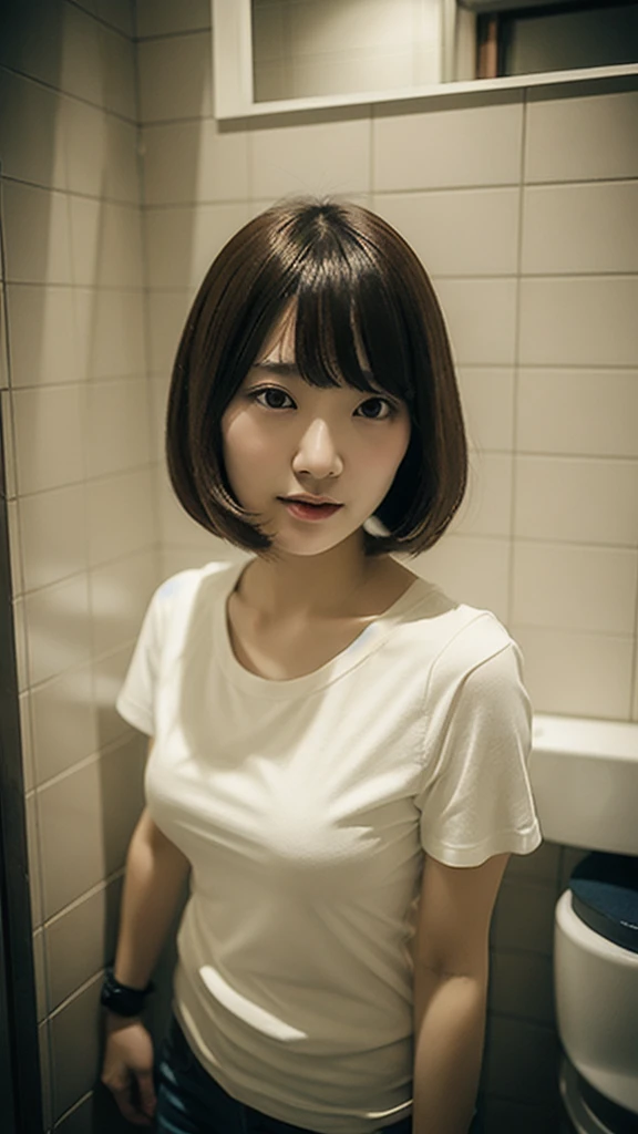 high qualiy, japanese,18-year-old,sexly,Plain T-shirts Small Bust Clothes,top Selfie style　solo, One person, Toilet Background, Blurred, bangs, 