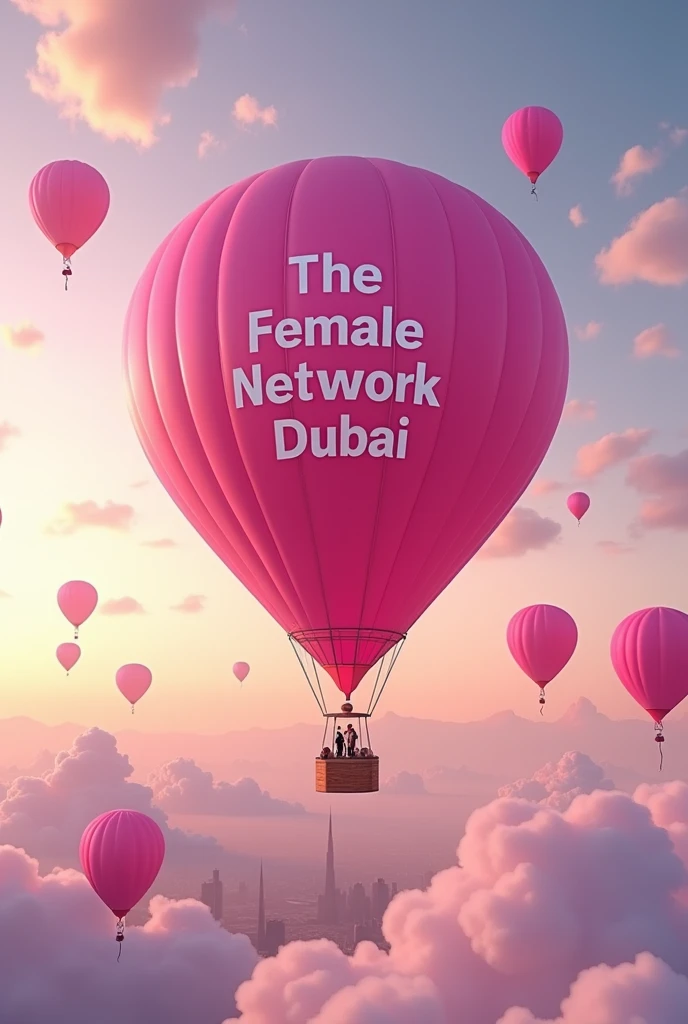 pink hot air balloon that says The Female Network Dubai on it, carrying the city of dubai in the sky with more pink helium balloons on top and white clouds surrounding, sunset sky