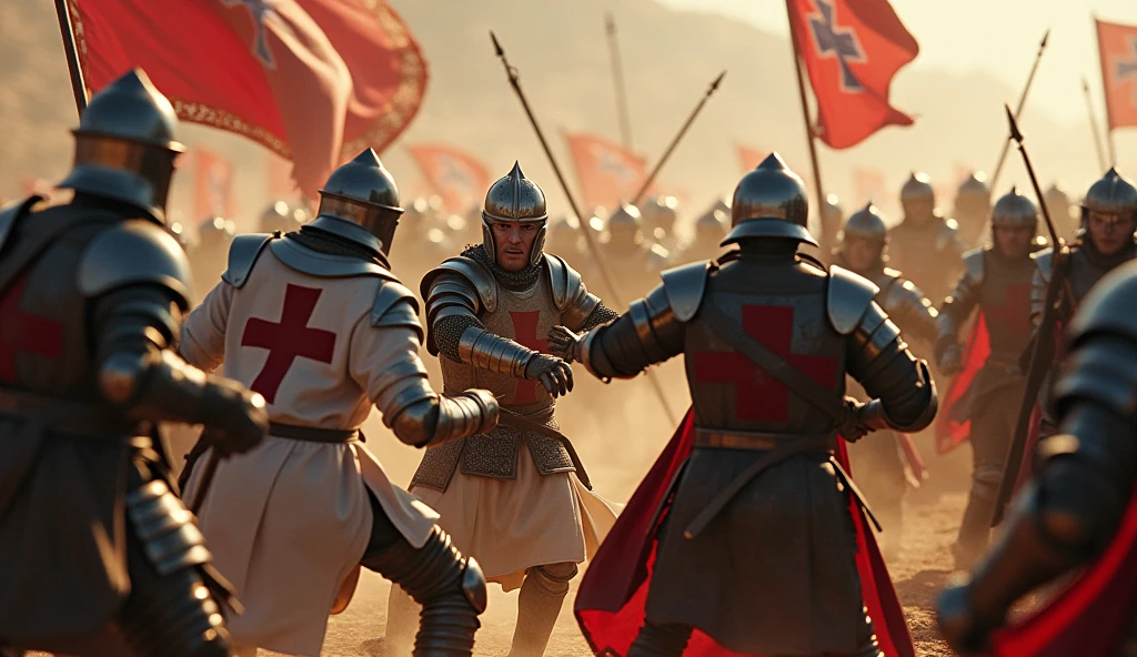 A highly realistic, high-contrast, 8K HD, detailed, hyper-detailed battle scene where the Crusaders, wearing white tunics with red crosses and steel helmets, are engaged in intense combat with an enemy army of knights clad in ornate, polished armor. The battlefield is chaotic, with both sides fiercely clashing swords and shields. The ground is strewn with the fallen, and the atmosphere is filled with the brutality of medieval warfare. The skin textures of the warriors are rendered with ultra-realistic detail, under dramatic lighting, capturing the raw intensity of the moment. The image is of the highest quality, with ultra-high resolution, RAW photo quality, and Unreal Engine rendering, creating a visually stunning and immersive depiction of this brutal conflict.