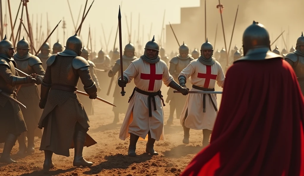 A highly realistic, high-contrast, 8K HD, detailed, hyper-detailed battle scene where the Crusaders, wearing white tunics with red crosses and steel helmets, are engaged in intense combat with an enemy army of knights clad in ornate, polished armor. The battlefield is chaotic, with both sides fiercely clashing swords and shields. The ground is strewn with the fallen, and the atmosphere is filled with the brutality of medieval warfare. The skin textures of the warriors are rendered with ultra-realistic detail, under dramatic lighting, capturing the raw intensity of the moment. The image is of the highest quality, with ultra-high resolution, RAW photo quality, and Unreal Engine rendering, creating a visually stunning and immersive depiction of this brutal conflict.