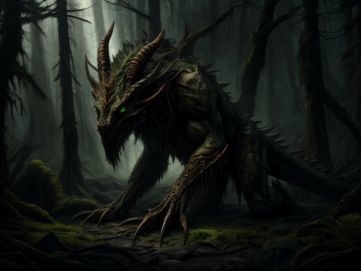 demon of twigs and moss, dying forest, dark green eyes, long claws, long muzzle, rotting and falling flesh, detailed anatomy, intricate textures, moody lighting, dark fantasy, cinematic composition, volumetric fog, dramatic shadows, hyper-realistic, 8k, masterpiece, professional digital painting