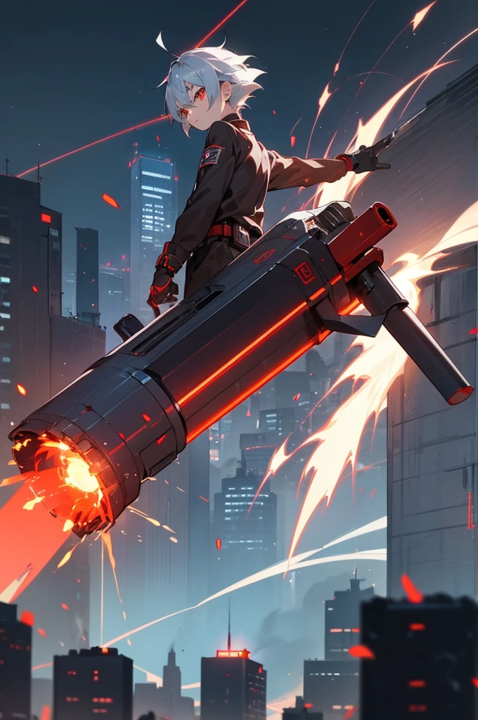 A boy of about 7 years old with silver hair and red eyes is blowing up the city. Shota Cyborg. His right arm has been transformed into a cannon.、Red energy is emitted、It pierces the building, giving off a sense of speed. A cannon charged with a large amount of blue energy appears from its back.