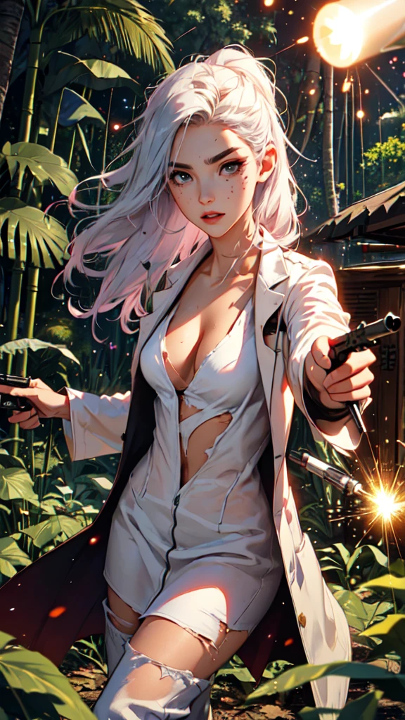 （lifelike， high - resolution：1.3）， 1 girl with a perfect body，slender body, Super fine face and eyes，assasin, dark makeup, shiny skin，white hair,((torn and ripped jungle clothes underneath lab coat)， Expose cleavage, extravagant makeup, pink eyeshadow, dark makeup, (((firing,bullet,gun,light particles))), holding gun, shocked expression,  pointing gun, action pose, extravagant makeup, leopard print, lab coat, savage lands, feral lands
