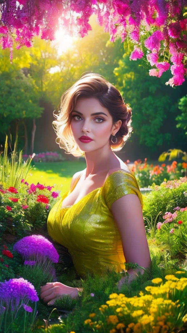 A girl in a garden,half:illustration,beautiful detailed eyes,beautiful detailed lips,Extremely detailed eyes and face,long eyeslashes,Plump breasts，gigantic cleavage breasts:1.6，High Resolutions,ultra detailed,fotorrealist,vivid colors,bokeh,rays of sunshine，full-body portraits，stunningly beautiful，,warm tones,soft lighting, (The best quality,4k,8k,High Resolutions,masterpiece:1.2),ultra detailed,(realist,fotorrealist,fotorrealist:1.37),classical,Amazing,beautiful detailed eyes,flying through the sky, dramatic lighting, cinematic composition, vibrant colors, epic fantasy,beautiful detailed lips,Extremely detailed eyes and face,long eyeslashes,oil painting style,Canvas texture,old fashioned dress,Golden lighting,Garden landscape,colorful flowers,romantic atmosphere,vintage colors,soft sunlight,serene expression,elegant pose
INFO
