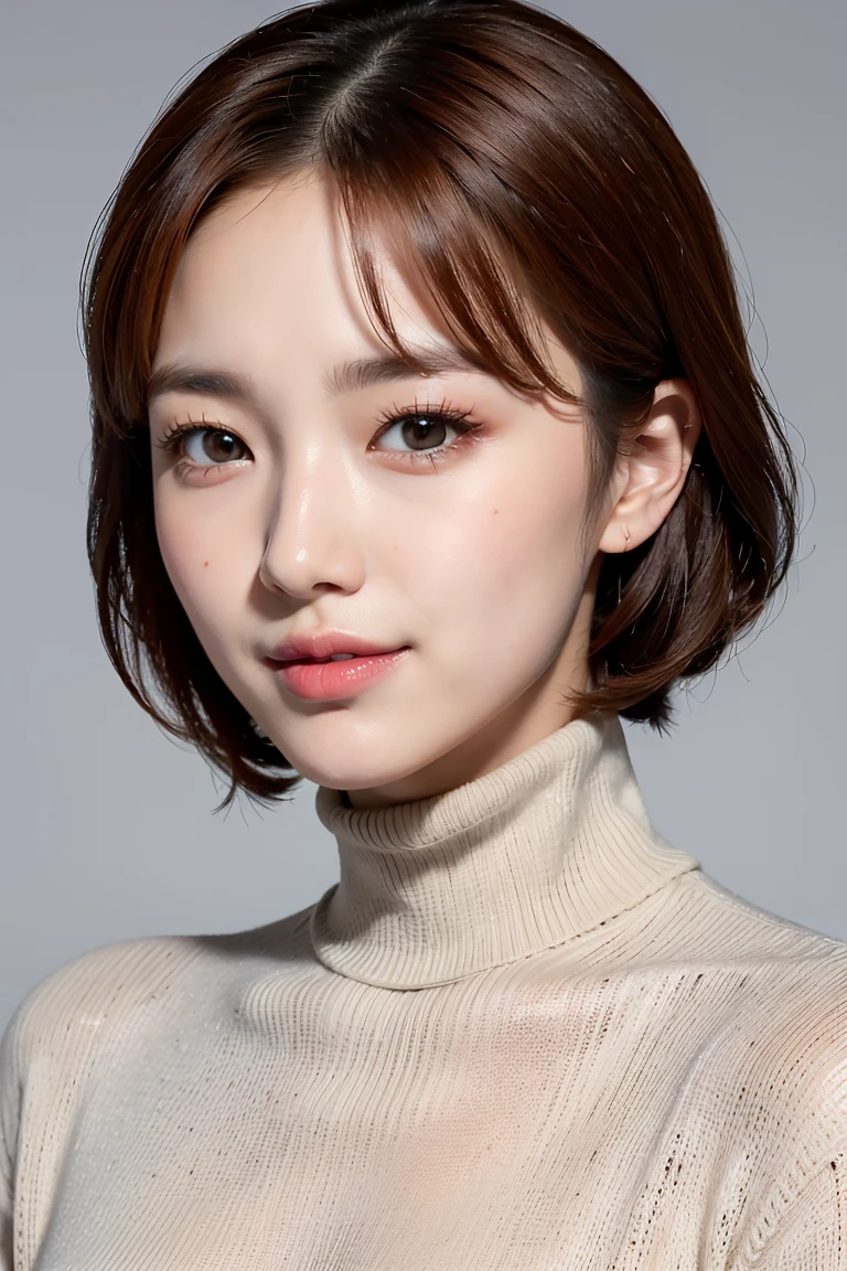 Realistic, masterpiece, Highest quality, Highest Resolution, One Japanese woman, Happy smile, Beautiful attention to detail, Iris, Thin eyebrows, Delicate eyelashes, False eyelashes, Orange Eyeliner, Lipstick is a bright color, short hair, Hair color is light brown, Draw a face carefully, A simple black turtleneck sweater、Portrait background, Upper body photo