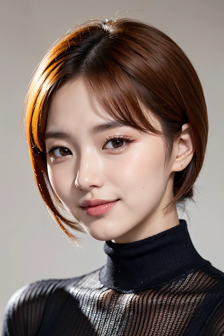 Realistic, masterpiece, Highest quality, Highest Resolution, One Japanese woman, Happy smile, Beautiful attention to detail, Iris, Thin eyebrows, Delicate eyelashes, False eyelashes, Orange Eyeliner, Lipstick is a bright color, short hair, Hair color is light brown, Draw a face carefully,  A simple black turtleneck sweater、Portrait background, Upper body photo