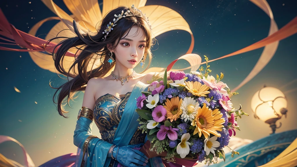 32K, 最高quality, 最高masterpiece, (ultra-Detailed Background, Detailed Background), High resolution, Super detailed, Very detailedな, 1 personの, (bouquet:1.3), (Tangled:1.2), (Geometric:1.2),(colorful),(masterpiece, quality, best quality, Official Art, Beautiful and beautiful:1.2), (1 person:1.3), Very detailed,(colorful:1.1)(Flowers:1.3),Most detailed,(Tangled:1.2), whole body, (Abstract background:1.3), (Skin glows), (Many colors:1.4), ,(Earrings Jewelry:1.5), Light blue and gradient background,