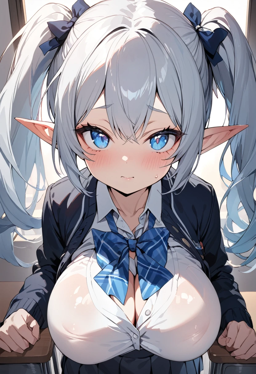 masterpiece,best quality,high resolution,1girl,solo,(ftont-view:1.3),(elf:1.2),(school uniform:1.6),(silver hair:1.1),(twintails:1.1),(light blue eyes),(li face and big boobs:1.2),(diminutive:1.3),(classroom)