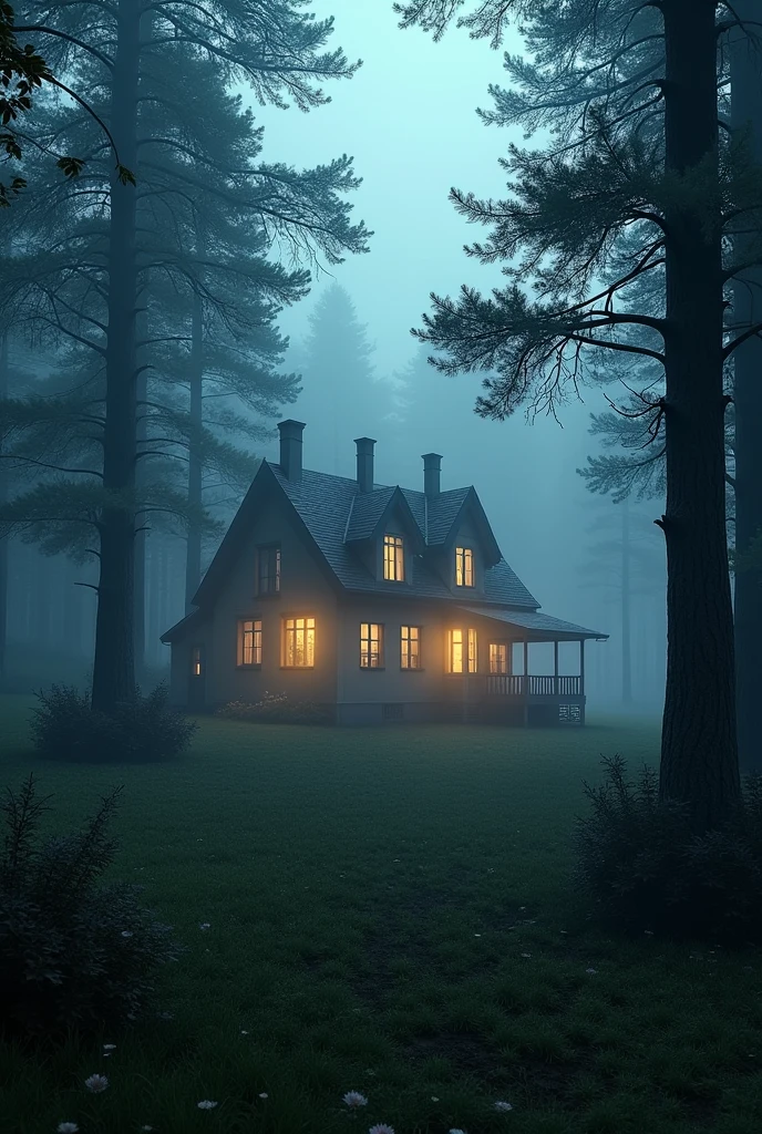 A picturesque country house at dusk, surrounded by tall trees and shrouded in a light mist. The windows are illuminated by a warm light, suggesting a welcoming atmosphere, but there is a subtle sense of unease in the air., realistic hyper-detail, george stefanescu, ravencore, jacek malczewski, lucid developments of his subjects, mirrored realms