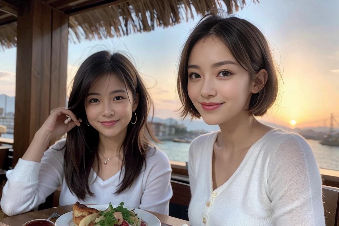 (Realistic:1.1),(masterpiece,Highest quality),8k,(49 years old), 53 years old, ベリーslimボディ、slimカップル、Tight waist,Upper Body,full-course dinner、wine 、Amazing view of the sunset sky and clouds、Perfect Anatomy, Brown Hair, short hair,Random Hairstyles,((Highly detailed face and eyes:1.2)),Perfect golden ratio face,Long sleeve shirt、dress,(smile:1.2)、Shortcuts、cute、(Realistic, Intricate details:1.2), A bright smile、short hair,Bright Face、赤wine 、Appetizers、Italian food、wine bottle、Champagne、スパークリングwine、(slimな顔), (The body is slim), (Brown Hair), (Shortcuts), Upper Body, 白wine, slim, wineグラス,