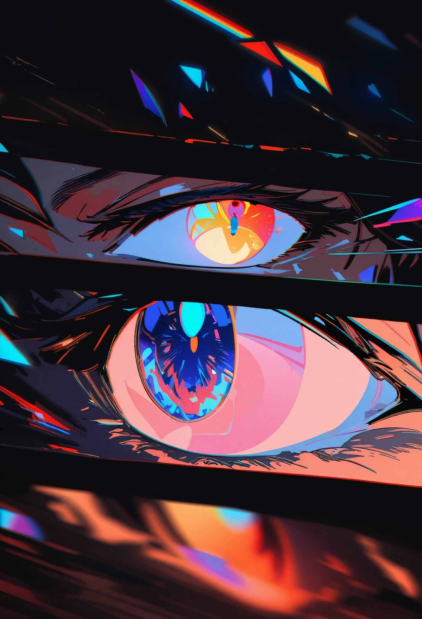 Eye of the Universe, Shattered glass fragments, peep, Faulty, Dark Fantasy, close up, Motion Blur, portrait, Dynamic Lighting, Clear focus, High contrast, Line Art, HD, Chromatic Aberration, Practical, Japanese cartoons, Comic Art, masterpiece, best quality, Aesthetic, absurd, 8k