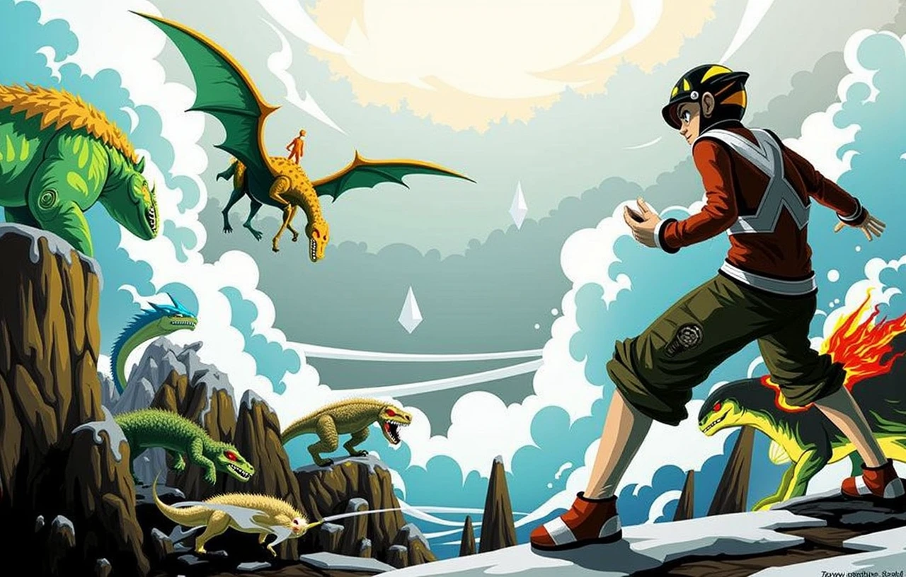 1boy, power ranger cosplay, in a standoff against a bunch of wild dinosaurs in a mountainous arena. Ultra realistic, cinematic, high detail, masterpiece, award winning.