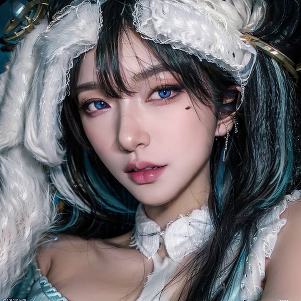 Fashion model , [Close-up]]]], [[Chest]]]], [Neck]]]], [Shoulder]]]], perfect blue. eyes, perfect iris, perfect lips, perfect teeth, black hair, perfect skin, soft front light, glow, HDR, (muted colors: 1.2)