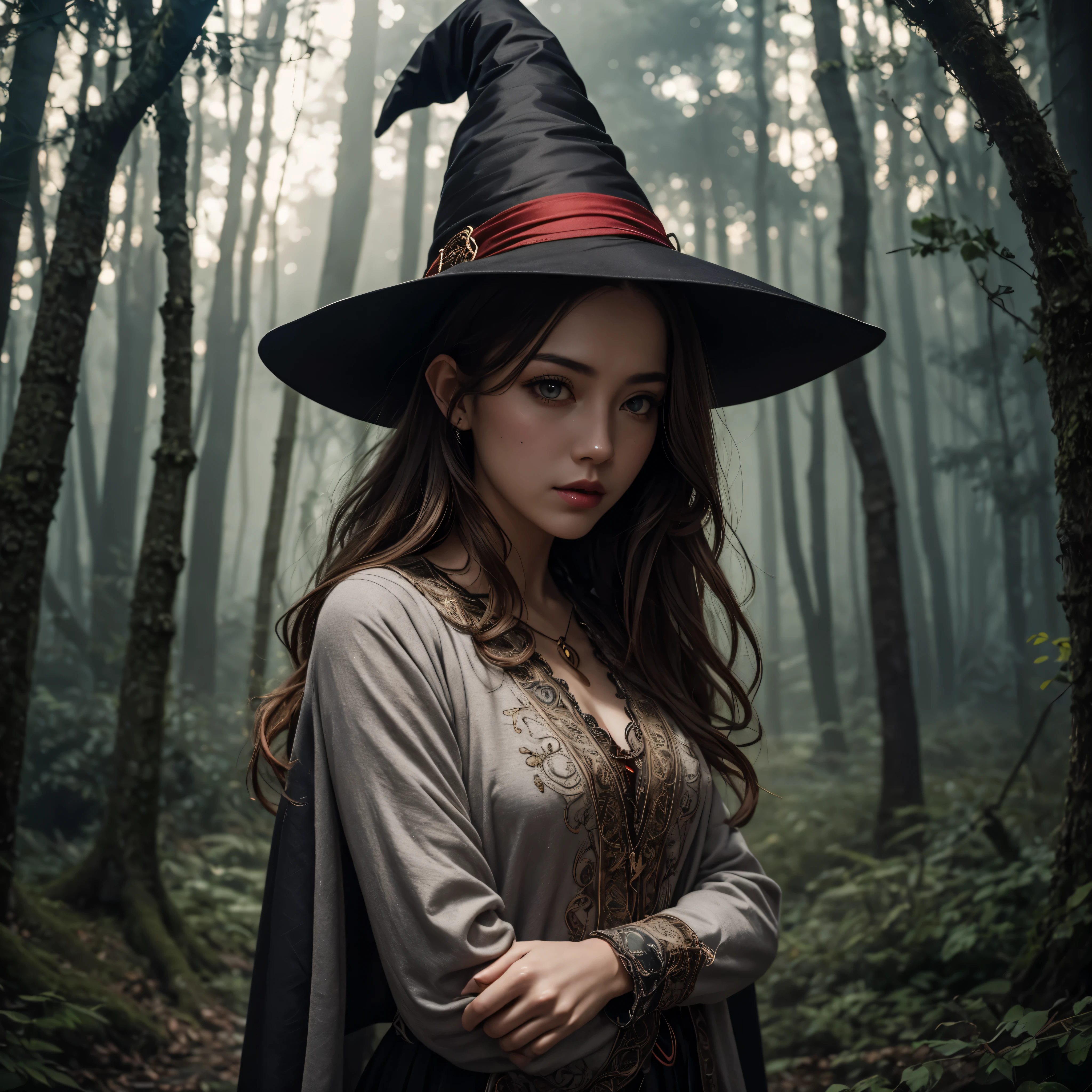 Realistic, 35mm, Intricate details, High resolution, Intricate details, Ultra-detailed, Natural skin texture, Hyperrealism, sharp, 1 girl, Adult (Elf:0.7) woman, Grey Eyes, Chestnut layered hair, Portraiture, Looking down, alone, Half Shot, Detailed Background, witch hat, witch, Magical atmosphere, Hair blowing in the wind, Light-colored clothing with red trim, A magical whirlwind swirling in the air, black magic, (Style - Swirl Magic:0.8), Suspended particles,witch、Deep forest background、One girl、cute、Fantastic light shines in、dark