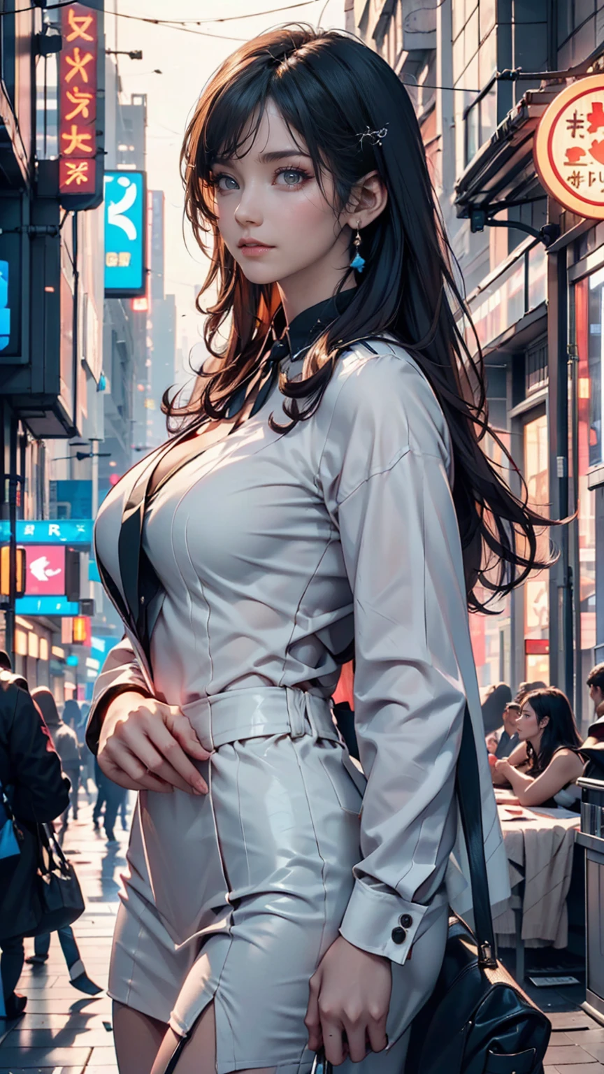 A model set against the backdrop of a futuristic city。Metallic jumpsuit、Glossy sunglasses、Cityscape dotted with digital displays
