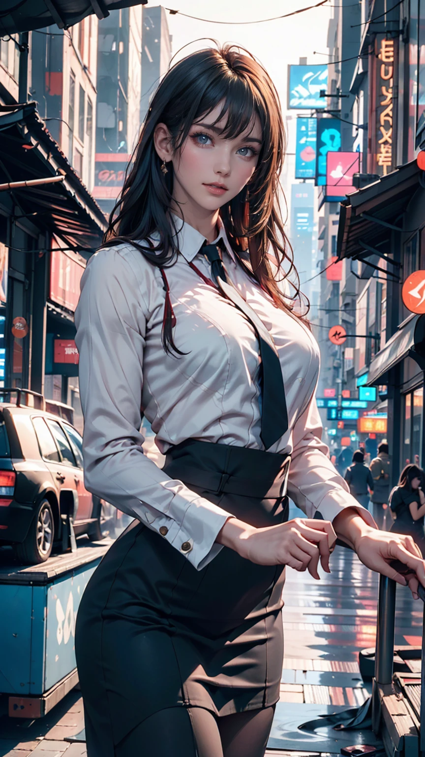 (One person:1.3), alone, __Body parts__ Delicate and realistic skin, Pale skin, big, Official Art, Unified 16k wallpapers, Super detailed, beauty and aesthetics, beauty, masterpiece, Highest quality, In Cyberpunk City, Great atmosphere, A calming color palette, Peaceful mood, Soft Shadows, Flight attendant uniform, Glamour