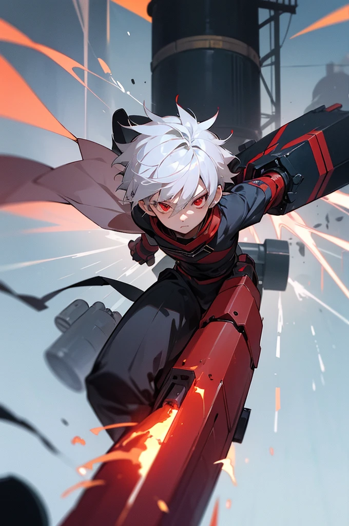 A boy of about 7  with silver hair and red eyes is blowing up the city. Shota Cyborg. His right arm has been transformed into a cannon.、Red energy is emitted、It pierces the building, giving off a sense of speed. A cannon charged with a large amount of blue energy appears from its back.