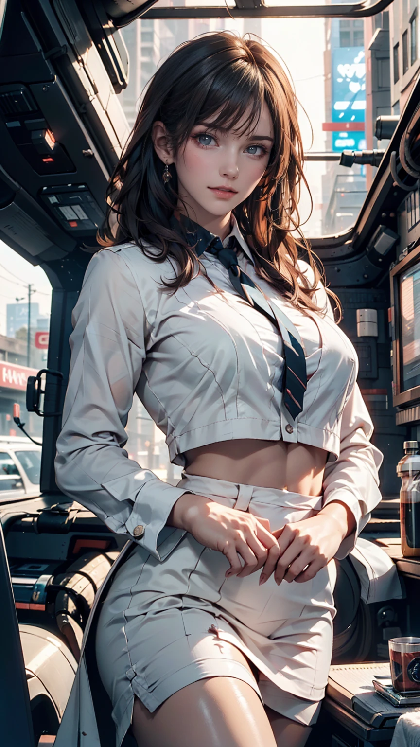 (One person:1.3), alone, __Body parts__ Delicate and realistic skin, Pale skin, big, Official Art, Unified 16k wallpapers, Super detailed, beauty and aesthetics, beauty, masterpiece, Highest quality, In Cyberpunk City, Great atmosphere, A calming color palette, Peaceful mood, Soft Shadows, Flight attendant uniform, Glamour
