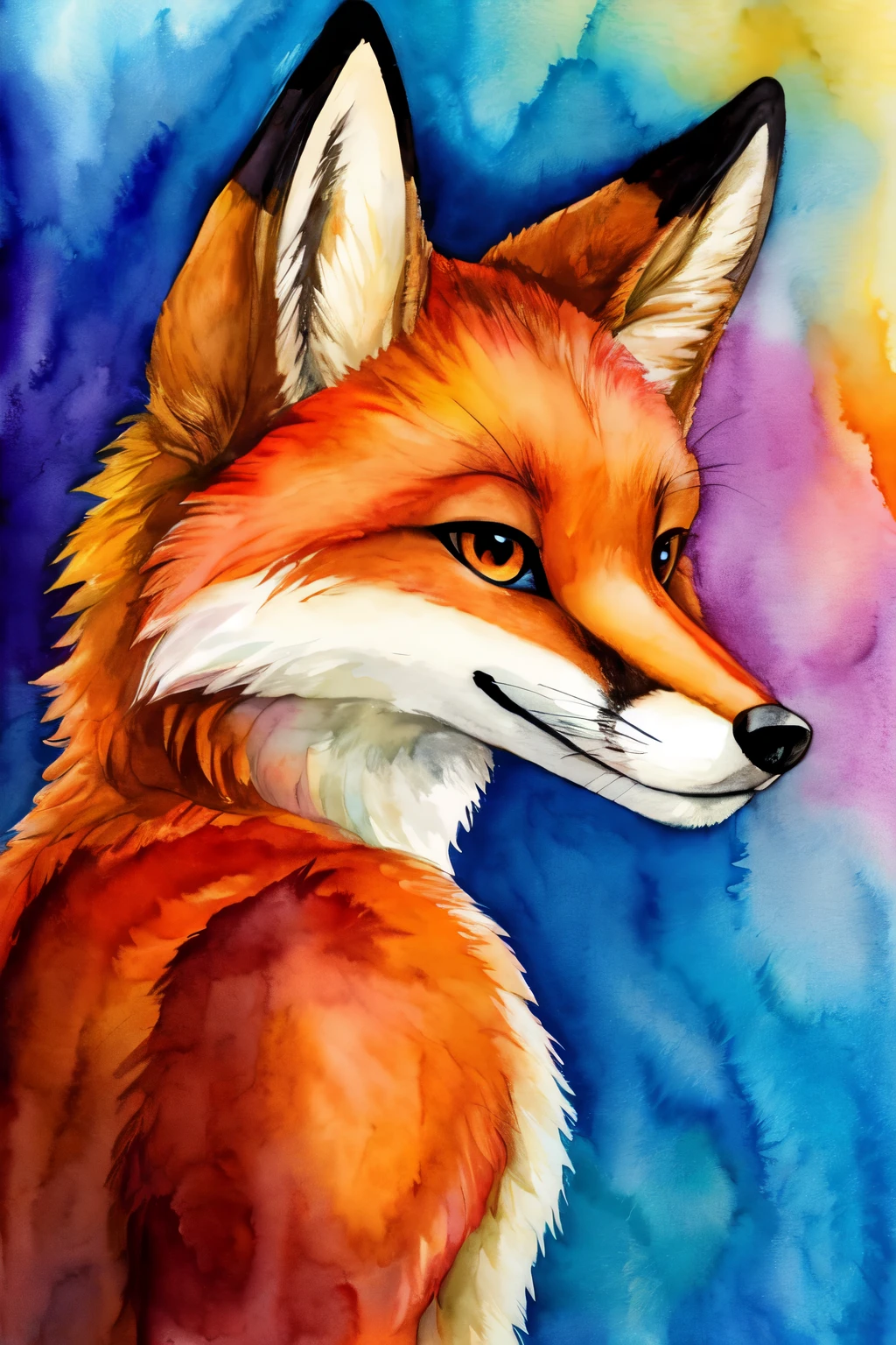 Fox with watercolors, orange tones, Background white