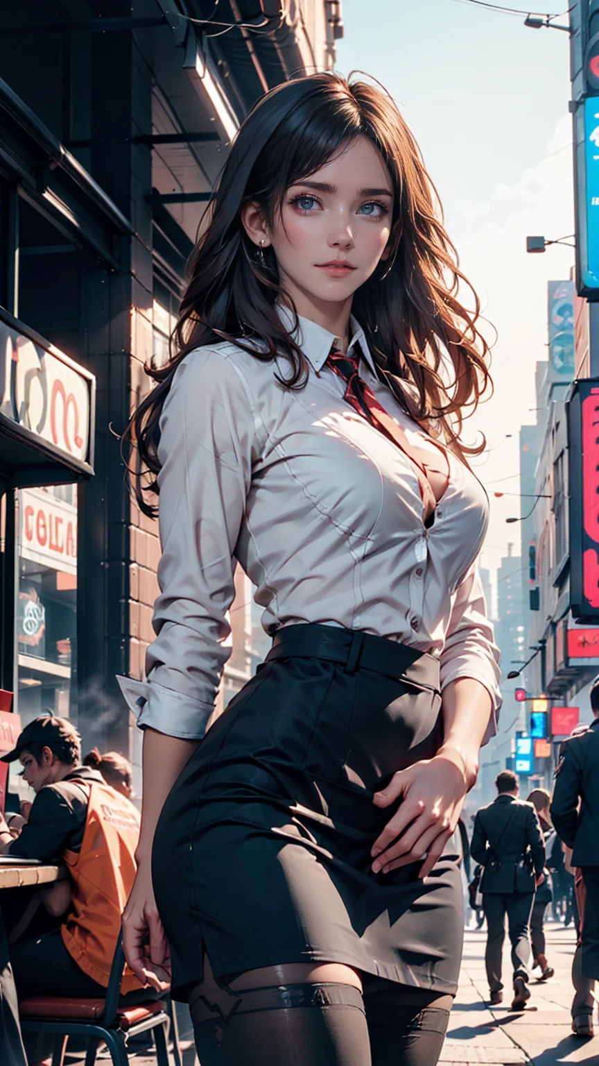 (One person:1.3), alone, __Body parts__ Delicate and realistic skin, Pale skin, big, Official Art, Unified 16k wallpapers, Super detailed, beauty and aesthetics, beauty, masterpiece, Highest quality, In Cyberpunk City, Great atmosphere, A calming color palette, Peaceful mood, Soft Shadows, Flight attendant uniform, Glamour