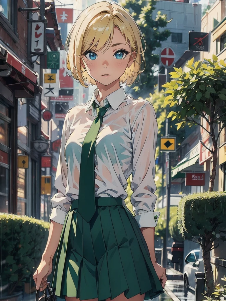 One person, Blonde, short hair, blue eyes, White shirt, Green tie, Green Skirt, city, rain, Detailed Background