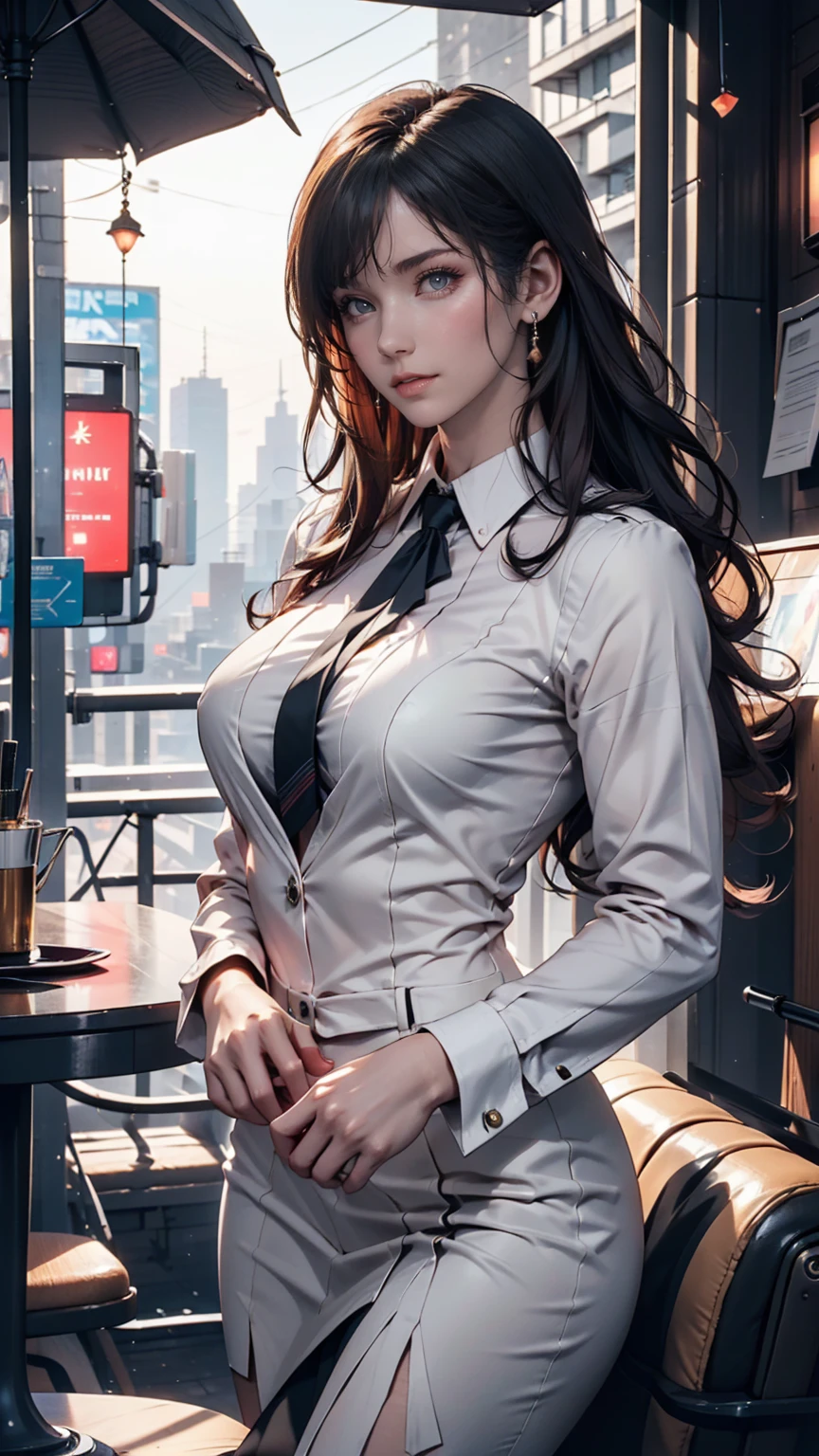 (One person:1.3), alone, __Body parts__ Delicate and realistic skin, Pale skin, big, Official Art, Unified 16k wallpapers, Super detailed, beauty and aesthetics, beauty, masterpiece, Highest quality, In Cyberpunk City, Great atmosphere, A calming color palette, Peaceful mood, Soft Shadows, Flight attendant uniform, Glamour