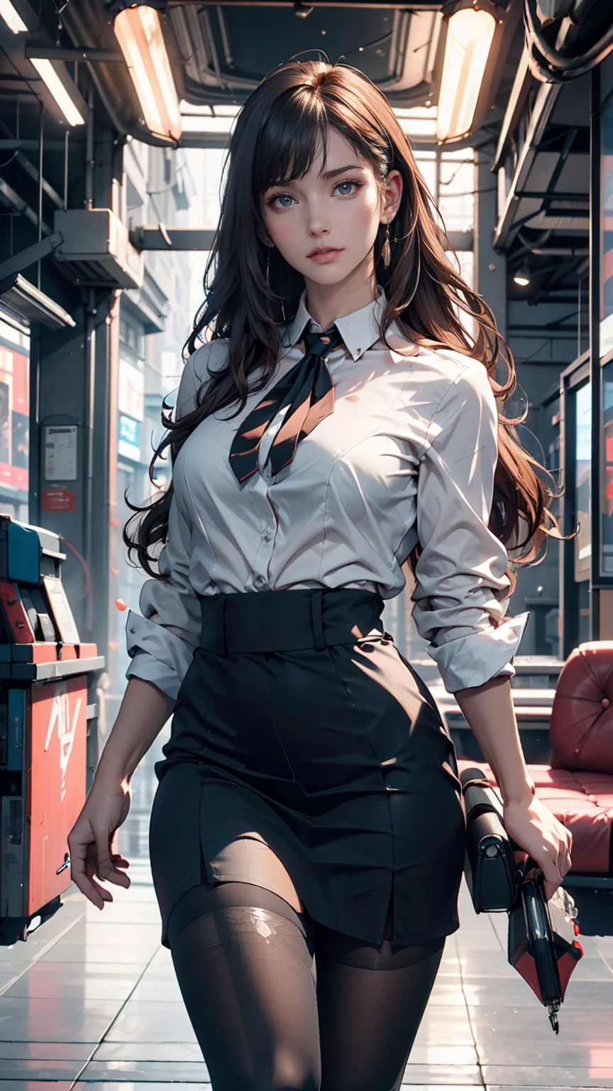 (One person:1.3), alone, __Body parts__ Delicate and realistic skin, Pale skin, big, Official Art, Unified 16k wallpapers, Super detailed, beauty and aesthetics, beauty, masterpiece, Highest quality, In Cyberpunk City, Great atmosphere, A calming color palette, Peaceful mood, Soft Shadows, Flight attendant uniform, Glamour