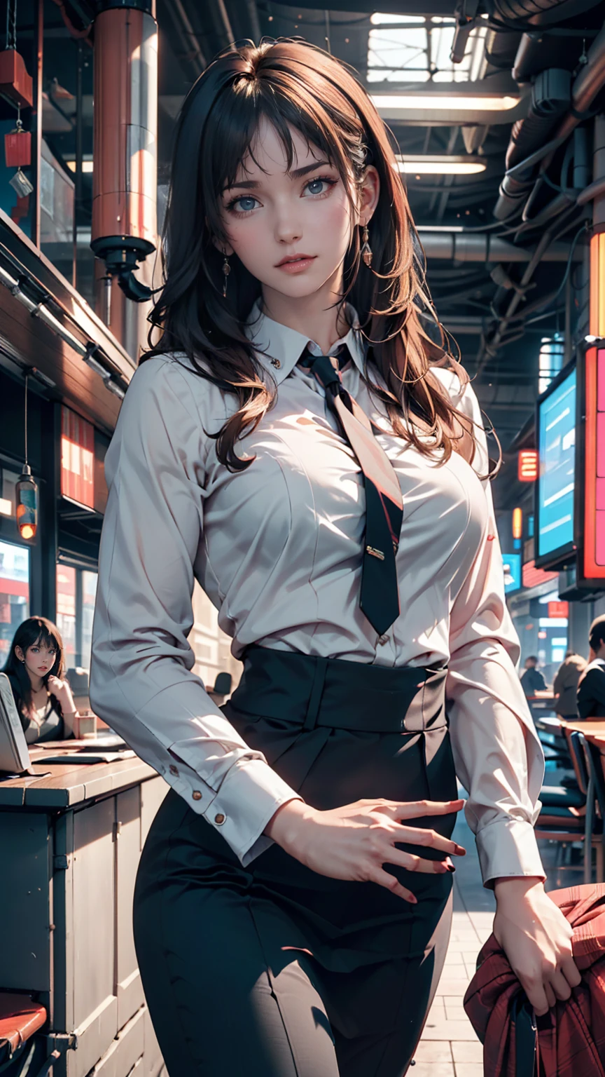 (One person:1.3), alone, __Body parts__ Delicate and realistic skin, Pale skin, big, Official Art, Unified 16k wallpapers, Super detailed, beauty and aesthetics, beauty, masterpiece, Highest quality, In Cyberpunk City, Great atmosphere, A calming color palette, Peaceful mood, Soft Shadows, Flight attendant uniform, Glamour