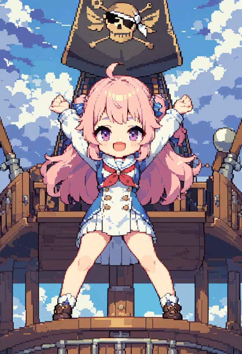 masterpiece, Highest quality, 8k, High-definition pixel art, Vivid, high details, (((1girl))), Sheep, Sheep Sailor, smile, cute, Directed at an angle, Open your mouth, Fluffy hair, Long Hair, Hair like sheep's hair, Pink Hair, eyebrow, 太いeyebrow, , ((whole body, From below:1.2, Side Shot)), BREAK (pirate girl, Stand on the observation deck of the highest mast:1.2), (cuteノースリーブの海賊衣装, cute海賊靴), BREAK ((Spread your legs, Stand with your back straight, ((Stretch your arms horizontally:1.2)), A small telescope in his hand)), (Please open your mouth wide, A look of determination:1.2), BREAK (The background is the mast of a pirate ship, Rough seas, Clouds before the storm)