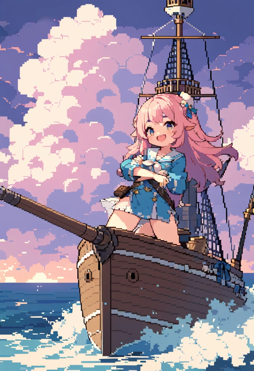 masterpiece, Highest quality, 8k, High-definition pixel art, Vivid, high details, (((1girl))), Sheep, Sheep Sailor, smile, cute, Directed at an angle, Open your mouth, Fluffy hair, Long Hair, Hair like sheep's hair, Pink Hair, eyebrow, 太いeyebrow, , ((whole body, From below:1.2, Side Shot)), BREAK (pirate girl, Stand on the observation deck of the highest mast:1.2), (cuteノースリーブの海賊衣装, cute海賊靴), BREAK ((Spread your legs, Stand with your back straight, ((Stretch your arms horizontally:1.2)), A small telescope in his hand)), (Please open your mouth wide, A look of determination:1.2), BREAK (The background is the mast of a pirate ship, Rough seas, Clouds before the storm)