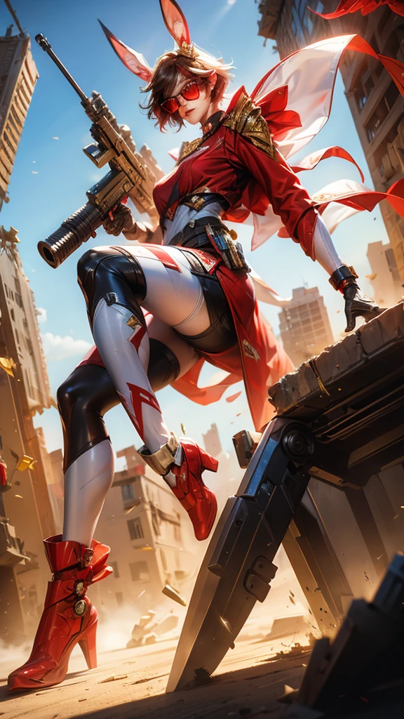 The metropolis of the future.A lovely and charming girl,Rabbit ears,short hair,All American Body,infrared glasses,Wearing a red and white combat uniform,Wearing a combat coat,Holding sniper rifle,in the ruined city