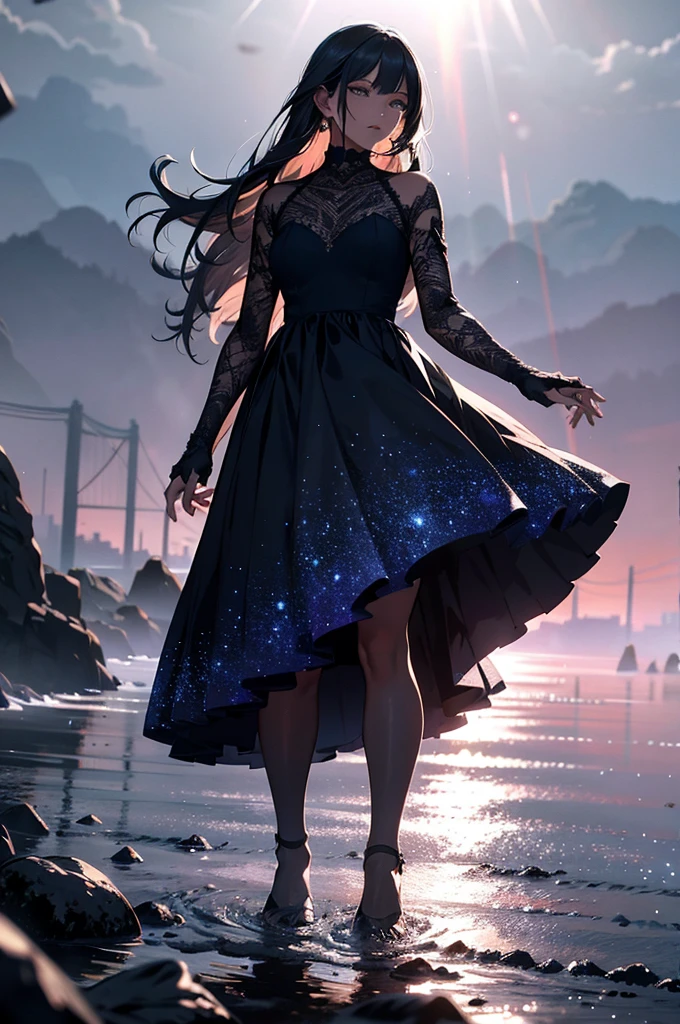 In the haze of night, A cinematic masterpiece of digital art unfolds, Full of ultra high definition 32k high resolution and stunning lighting,Inspire awe. The vast canvas comes alive as the night sky paints itself in all its melancholic glory, There is a dark blue hue, Black, Purple intertwined,A fascinating dance of contrast. Every ray of light pierces the night, Illuminating intricate patterns and shadows,Adds depth and texture to the stunning scene. Light from an otherworldly source casts dramatic reflections on the water, Create a breath