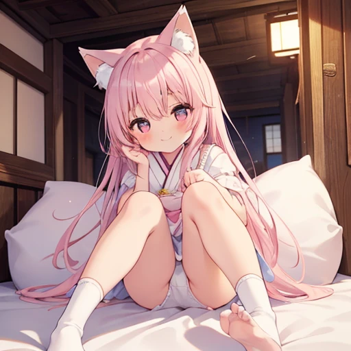 Highest quality, masterpiece, detailed, 1 person,,small,cute,blush,smile,(((White Baby Doll))), Pink Hair,Long Hair,Cat ear,(Fox tail),Sitting on a white futon, (Cowgirl), From below, Cowboy Shot, (Japanese-style room), (darkness), Perfect Legs