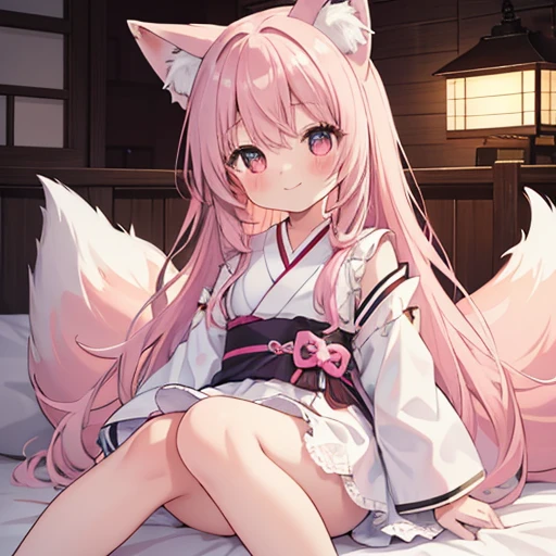 Highest quality, masterpiece, detailed, 1 person,,small,cute,blush,smile,(((White Baby Doll))), Pink Hair,Long Hair,Cat ear,(Fox tail),Sitting on a white futon, (Cowgirl), From below, Cowboy Shot, (Japanese-style room), (darkness), Perfect Legs